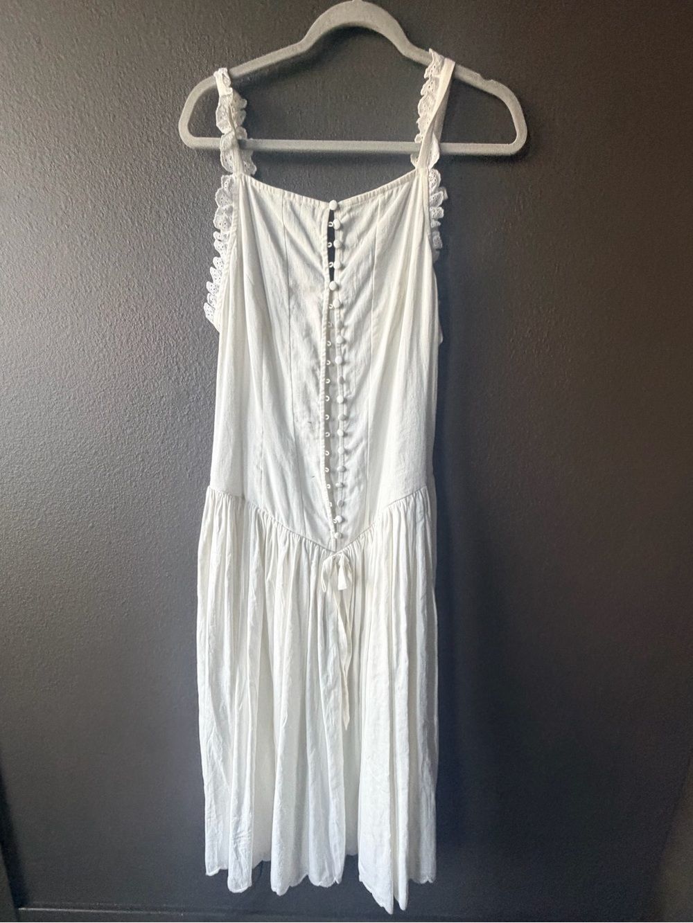 For Love & Lemons Drop Waist White Button-Front Midi Dress w Lace Straps, Size 6